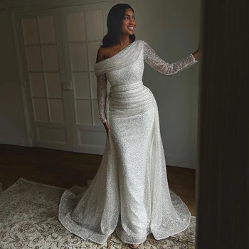Luxus Sellő Esküvői Ruhák 2023 Hosszú Ujjú Csillogó Sequines Menyasszonyi Ruha, Estélyi, Esküvői Buli Vestido Egyedi Méret