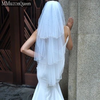 MZA07 Gyöngyös Esküvői Fátyol Ceruzával Edge 3 Tier Fehér/Ki-Fehér Színű előlapot Menyasszonyi Fátyol Velo De Novia