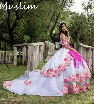 Hercegnő Fehér Mexikói Quinceanerán Ruhák 2023 Virággal, Ki Vállán Charro Vestido De 15 Quinceañeras Vintage Brithday